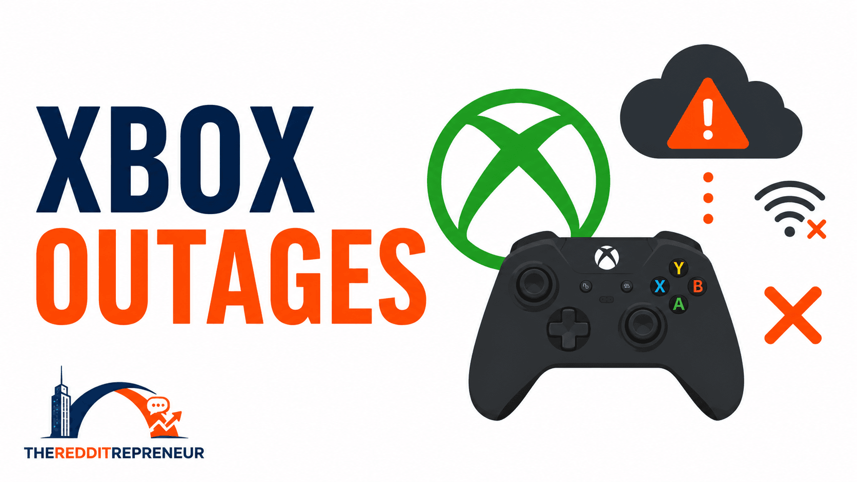 Xbox outages illustrated with a controller, broken cloud connection and warning symbol.
