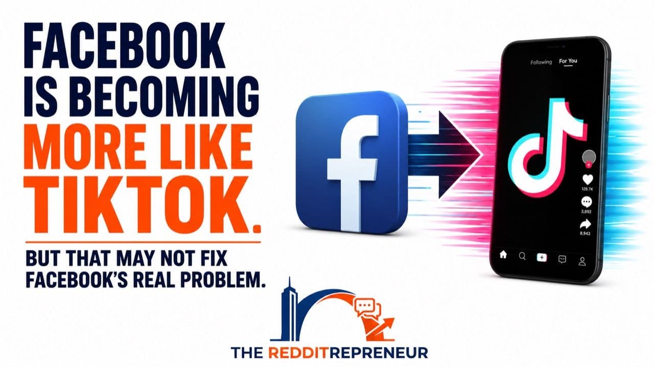 Facebook becoming more like TikTok cover graphic from The Redditrepreneur