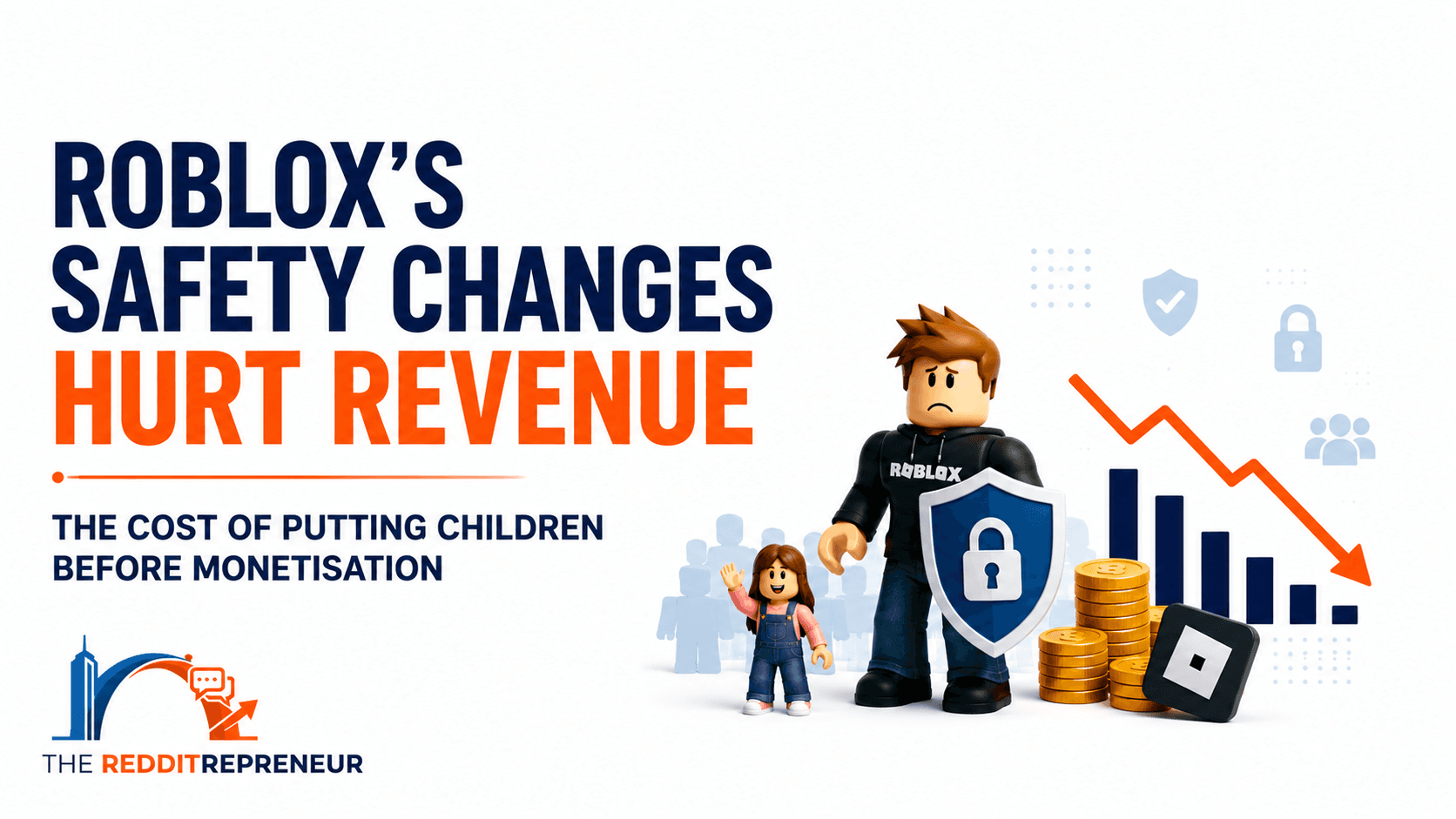 Roblox-style characters beside a safety shield, falling revenue chart and coins.