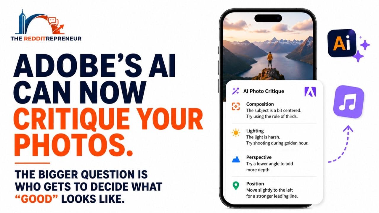 Adobe AI photo critique cover showing a phone reviewing a photograph and suggesting improvements to composition, lighting and perspective.