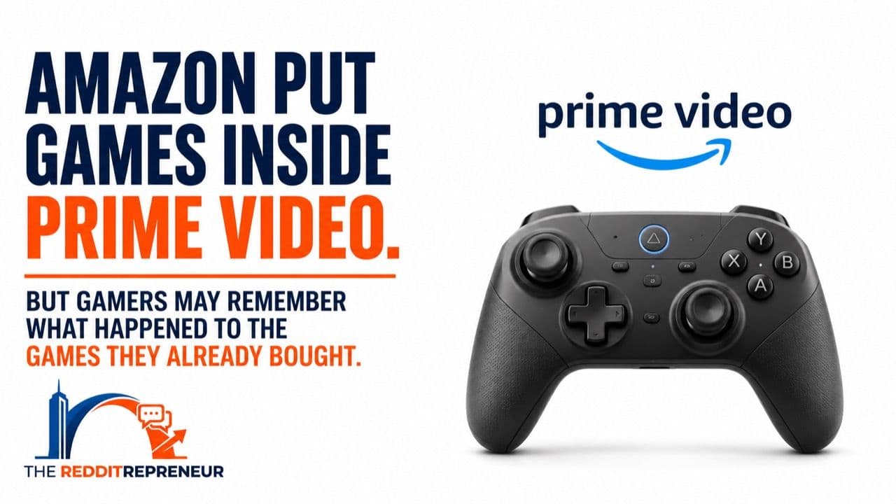 Amazon Prime Video logo and a game controller beside a headline about games being added to Prime Video