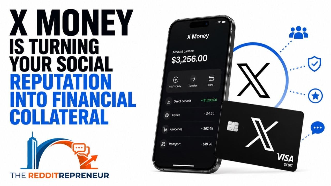 An X Money app and payment card surrounded by community, security and reputation symbols, with The Redditrepreneur logo.
