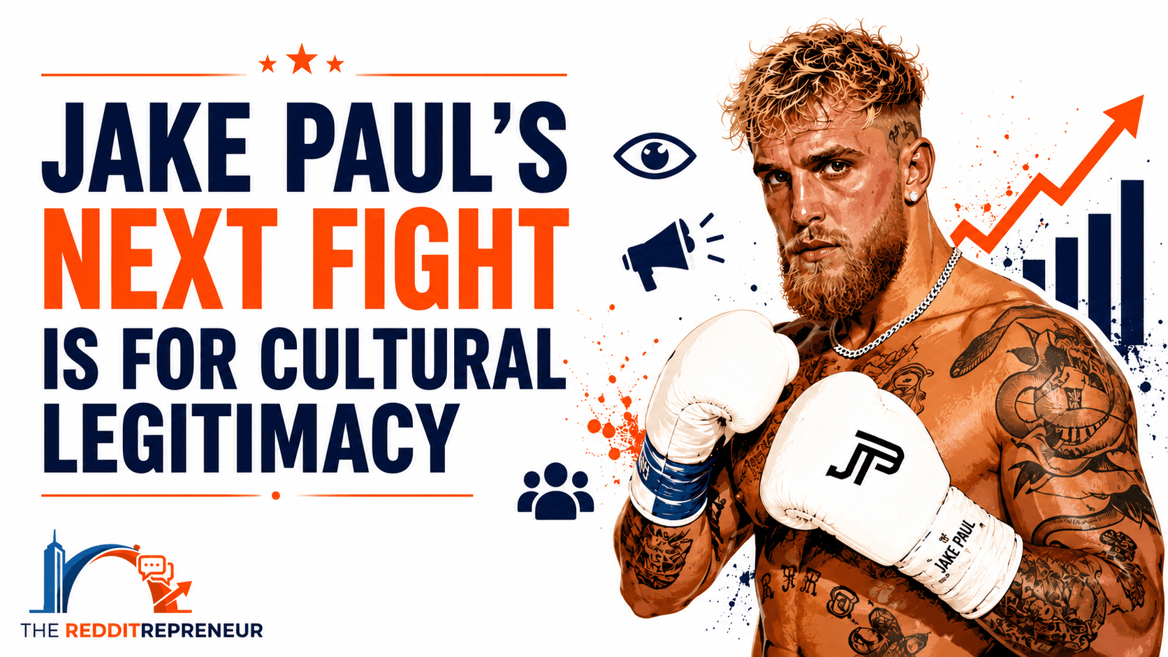 Editorial illustration of Jake Paul representing audience growth, boxing and cultural legitimacy.