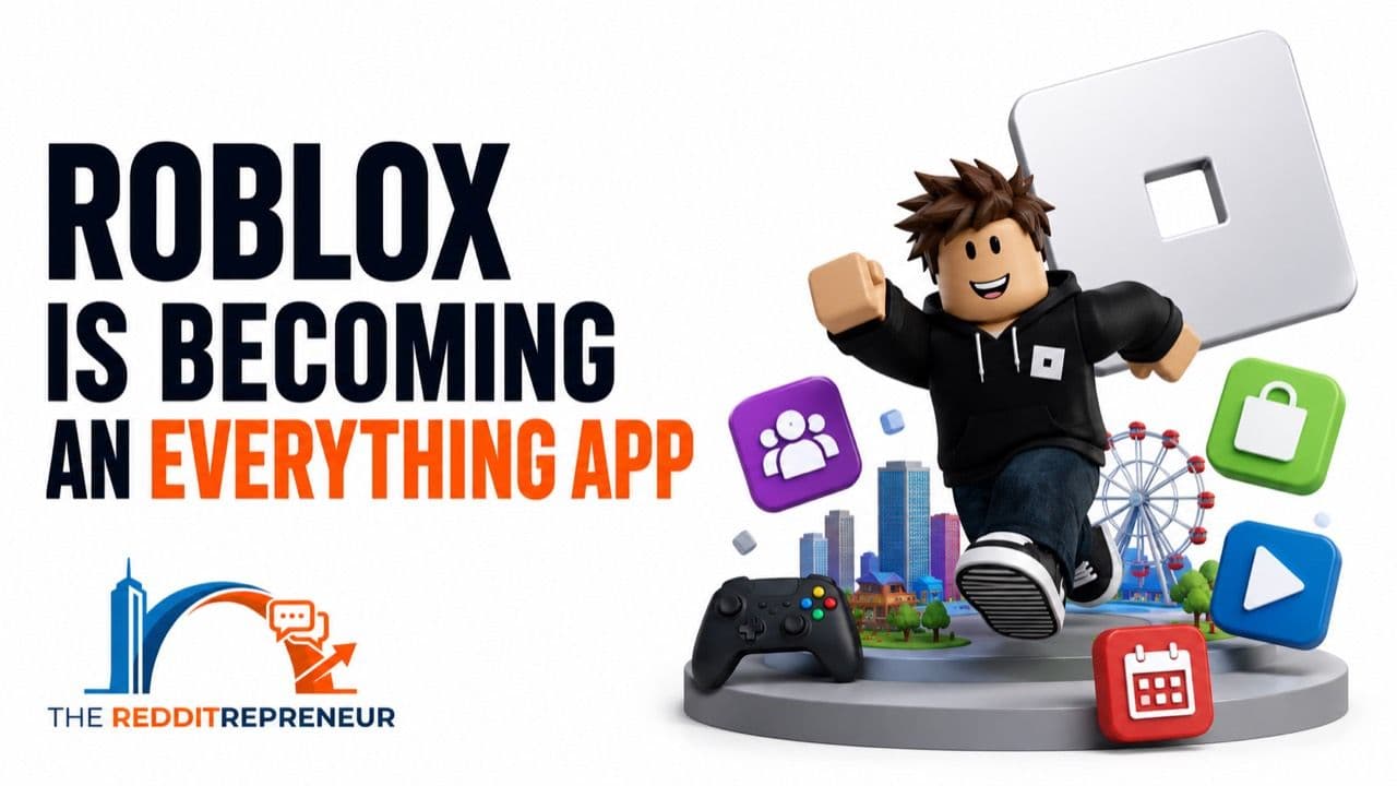 A Roblox-style creator surrounded by games, community and platform features, with The Redditrepreneur logo.