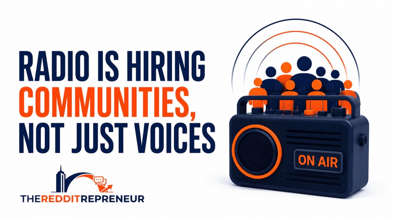 A radio surrounded by community members with the headline Radio Is Hiring Communities, Not Just Voices.