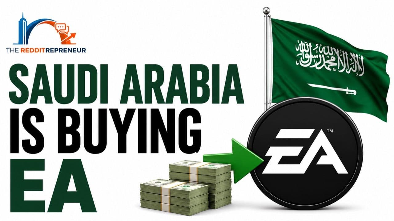 Saudi Arabian flag, EA logo and the headline Saudi Arabia Is Buying EA