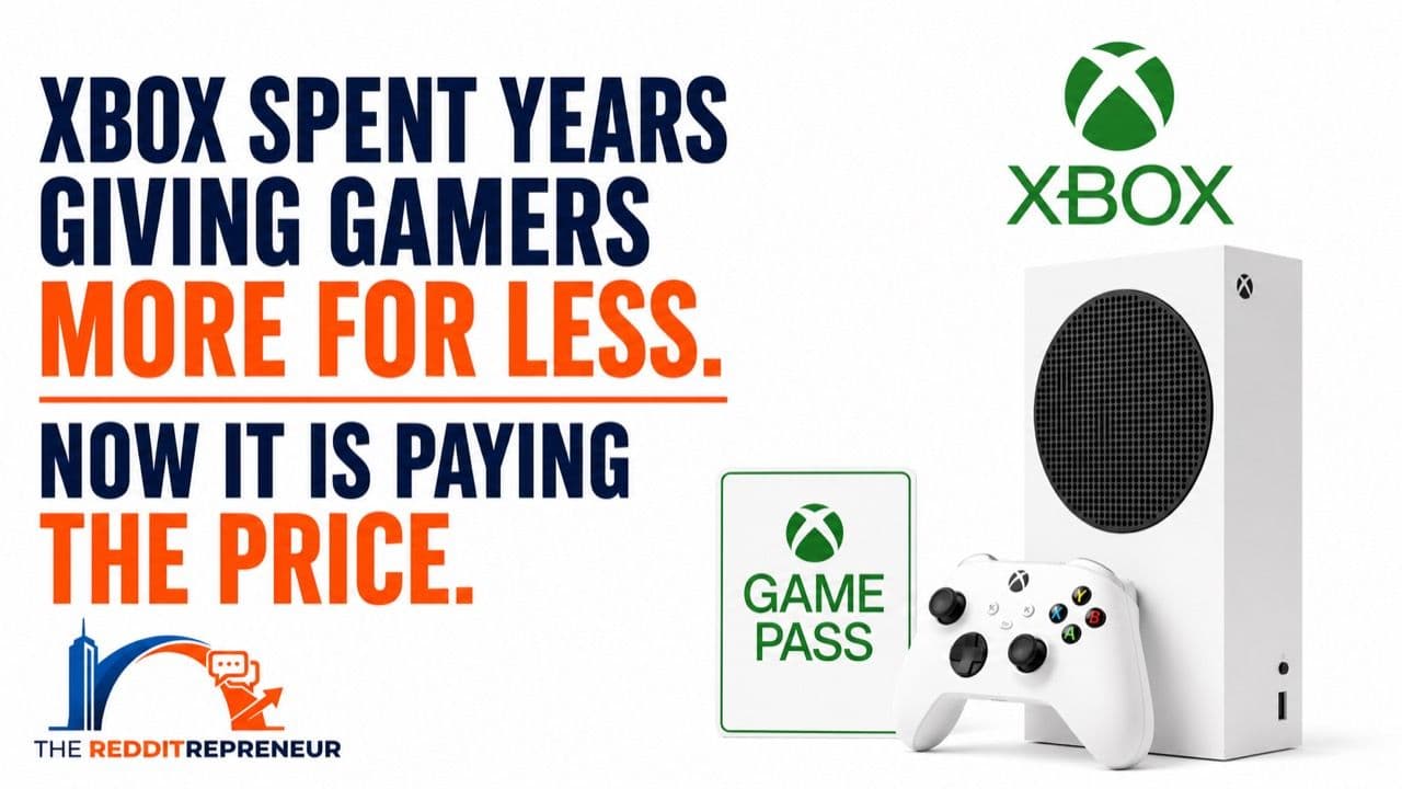 Xbox console, controller and Game Pass graphic beside a headline explaining that Xbox gave gamers more for less and is now paying the price