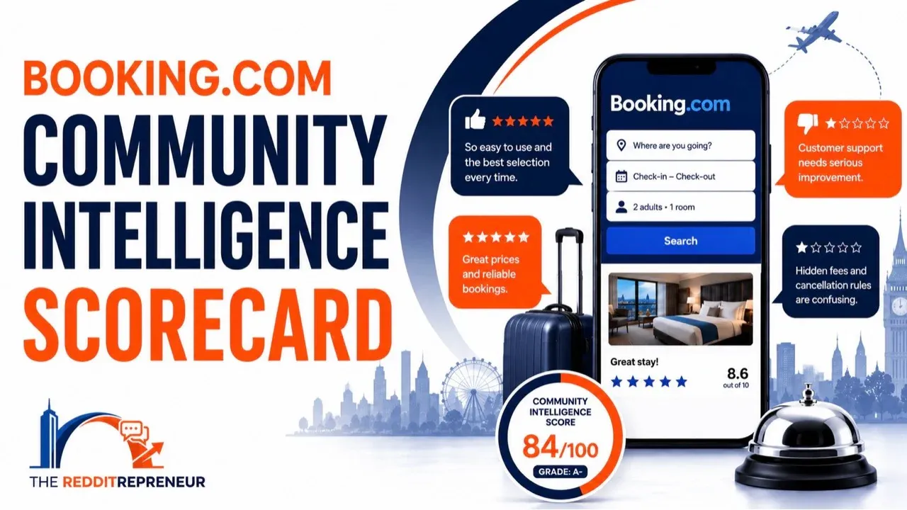 Booking.com Community Intelligence Scorecard showing an overall score of 84 out of 100 from The Redditrepreneur